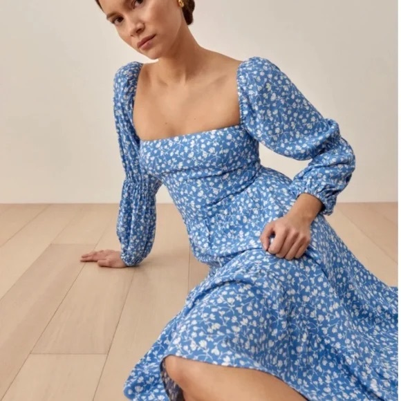 Reformation Dresses & Skirts - Reformation Blue Floral Puff-Sleeve Square-Neck Maxi Dress